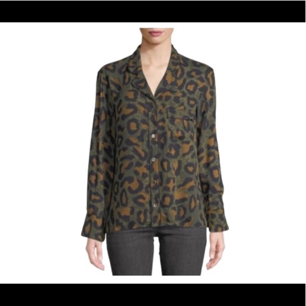Zadig and Voltaire Green Tacha Leo Leopard Print Button Down Shirt Blouse